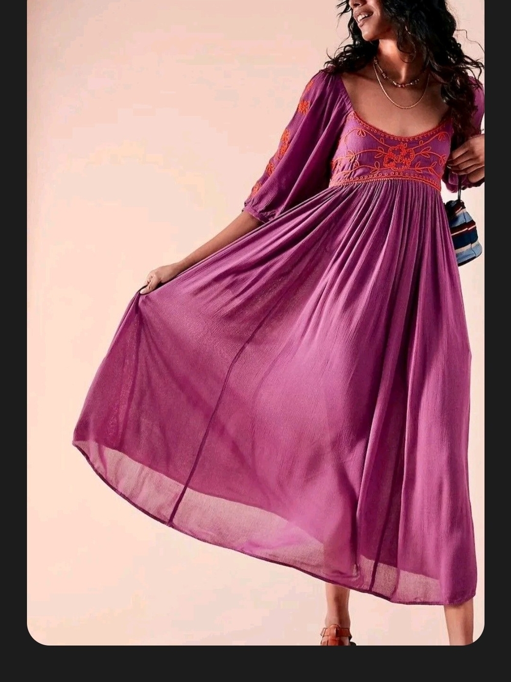 Free People Purple Maxi Dress with Orange Embroidery Has Pockets